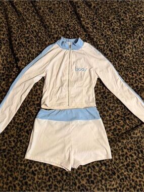 Logo White and Light Blue Athletic Zip Jacket & Shorts Set